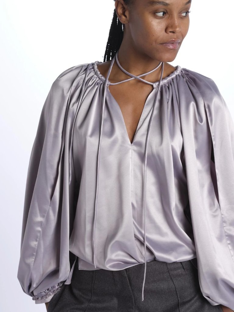 Milaura Calipso Argento Silver Pouf Oversized Slit Sleeve V Neck Tie Blouse